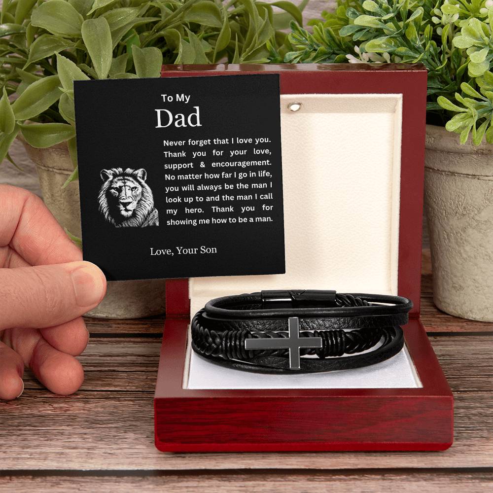 To My Son | Thank You Dad for Showing Me How to Be a Man | Men's Leather Love You Forever Bracelet with Lion's Head Message Card | Father's Day, Birthday, Christmas Gifts