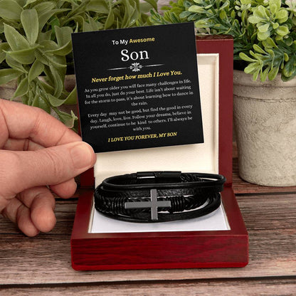 To My Son | You will Face Challenges in Life, Do Your Best, Follow Your Dreams | Men's Leather Cross Bracelet