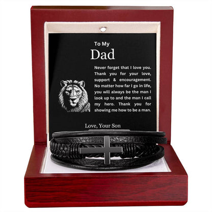 To My Dad | Thank You for Showing Me How to Be a Man | Men's Leather Cross Bracelet with Lion's Head Message Card