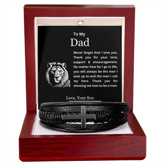 To My Dad | Thank You for Showing Me How to Be a Man | Men's Leather Cross Bracelet with Lion's Head Message Card