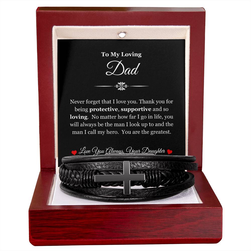 To My Dad | Thank You for Protecting, Supporting, & Loving Me | Men's Leather Cross Bracelet with Message Card