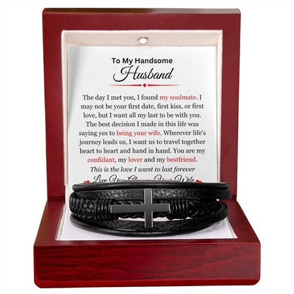 To My Husband | My Soulmate | Men's Leather Cross Bracelet | Gift for Him | Gift for Husband | Valentine's Day Gift | Christmas Gift